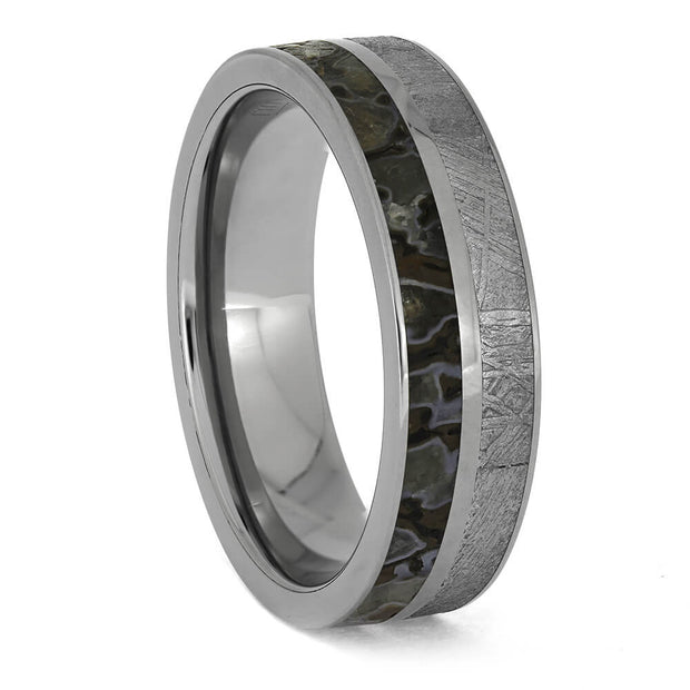 Vibrant dinosaur bone and meteorite ring, polished finish