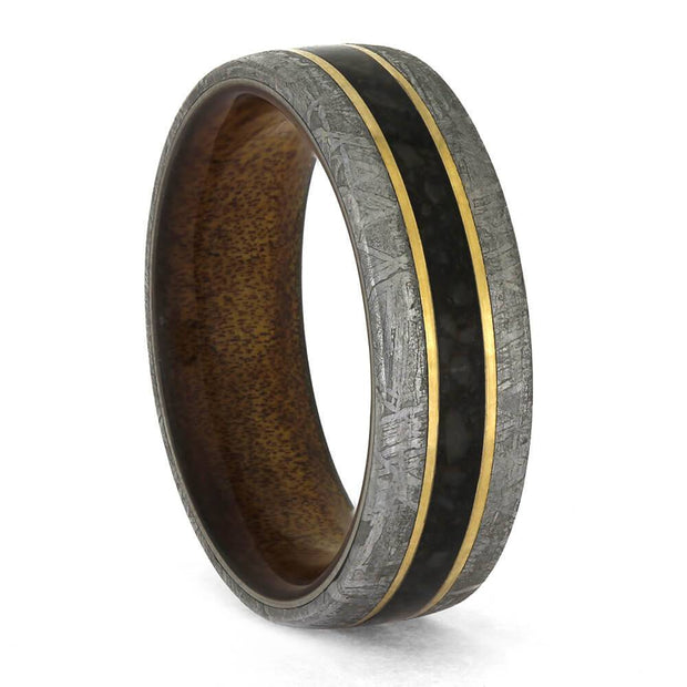 Kauri wood ring with meteorite, dinosaur bone, gold pinstripes