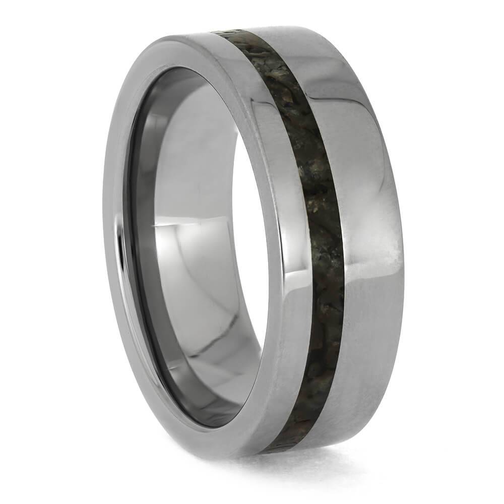 Crystalline fossilized dinosaur bone ring in titanium