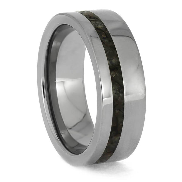 Crystalline fossilized dinosaur bone ring in titanium