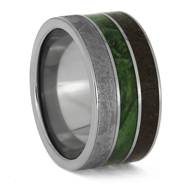 Green wood ring with dinosaur bone and meteorite inlays