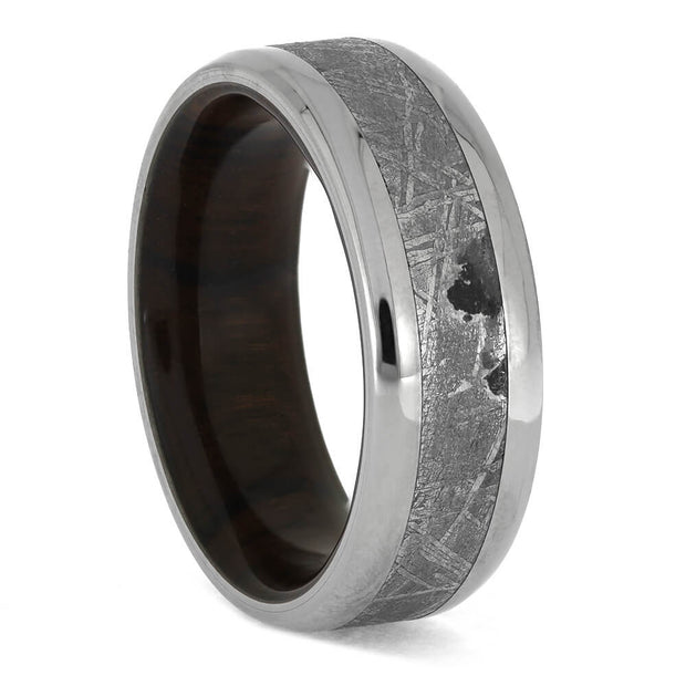 Meteorite ring with wood sleeve and titanium rim
