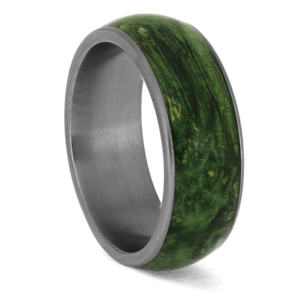 Unique green burl wood wedding band in titanium
