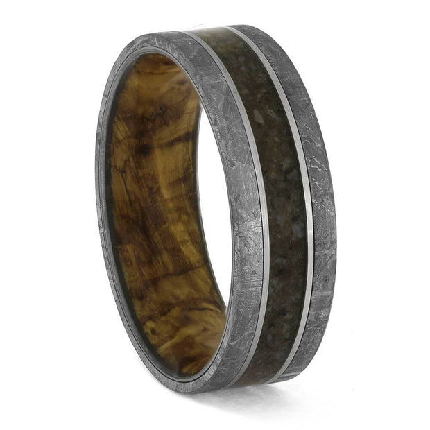 Meteorite and dinosaur bone ring with burl wood sleeve