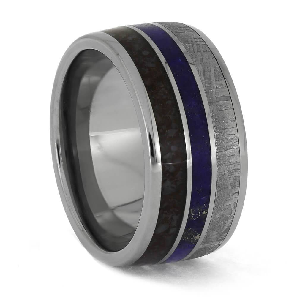 Wide ring with purple dinosaur bone, meteorite, and lapis inlay