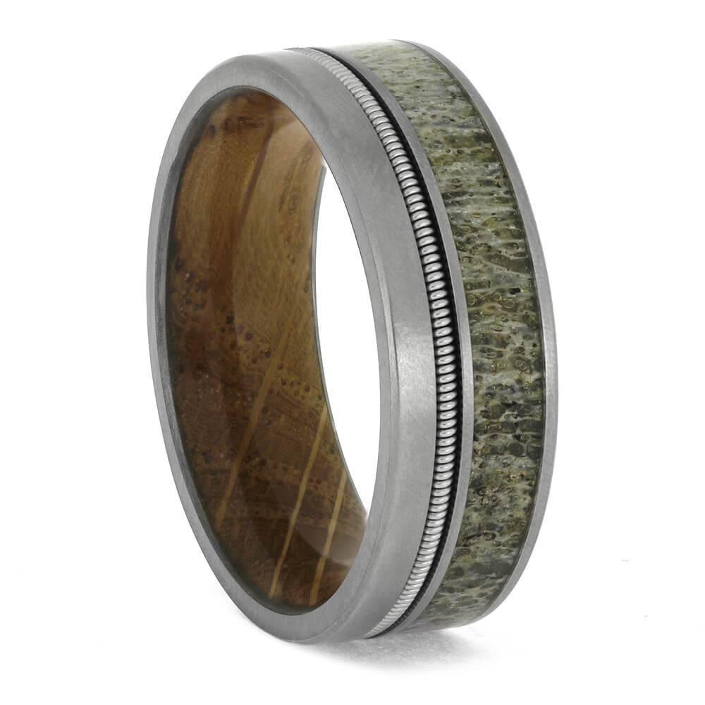 Music-themed ring with antler and whiskey wood inlays