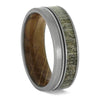 Music-themed ring with antler and whiskey wood inlays