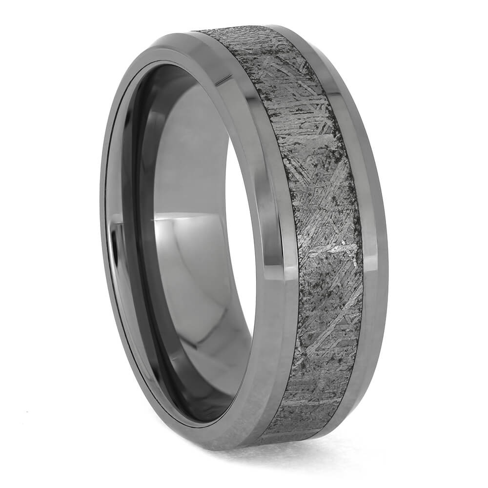 Tungsten meteorite ring with polished beveled edges