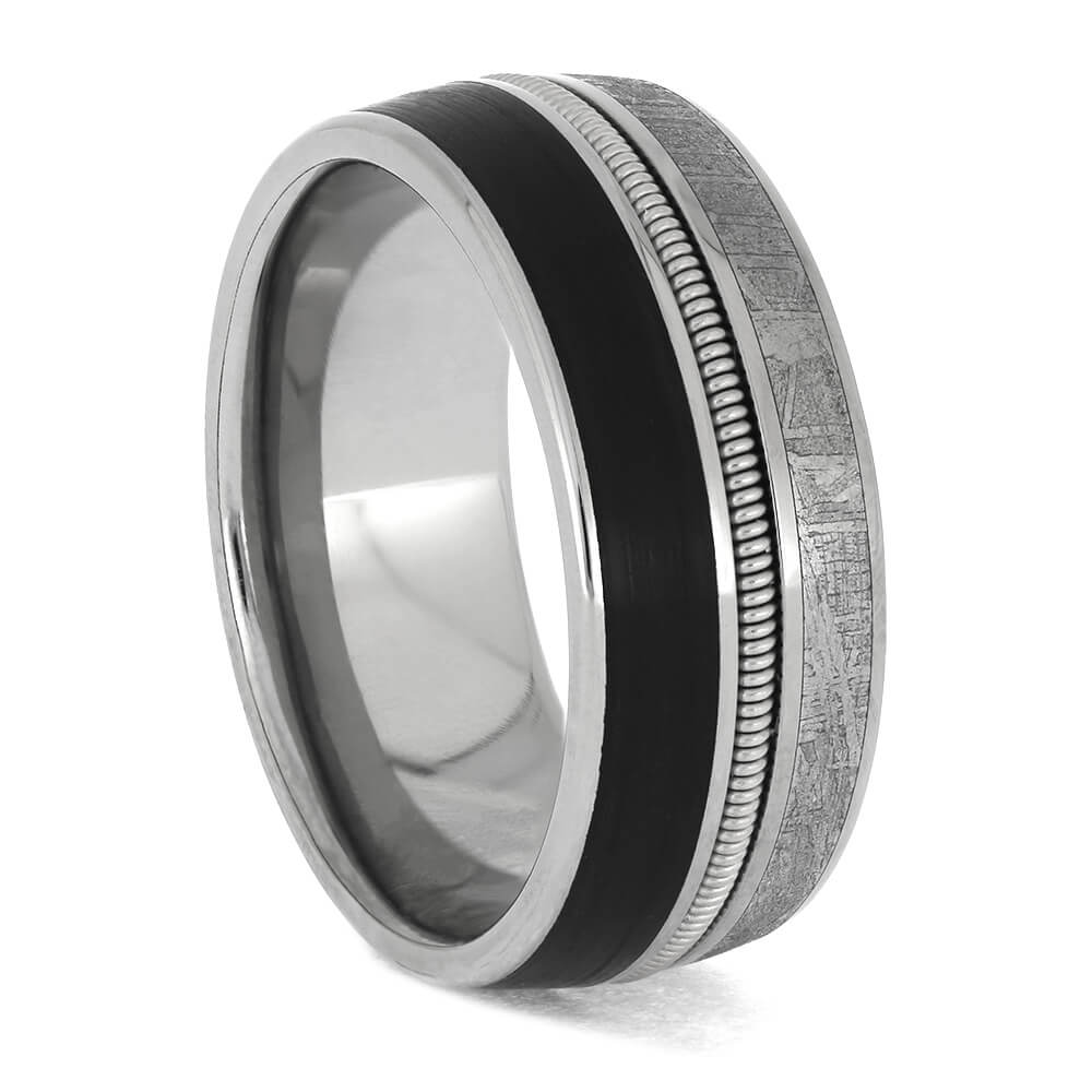 Titanium ring with meteorite and guitar string inlay