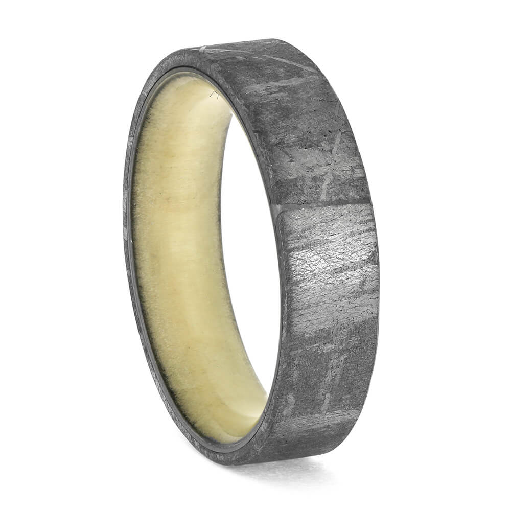 Meteorite ring with white wood sleeve, flat-profile design