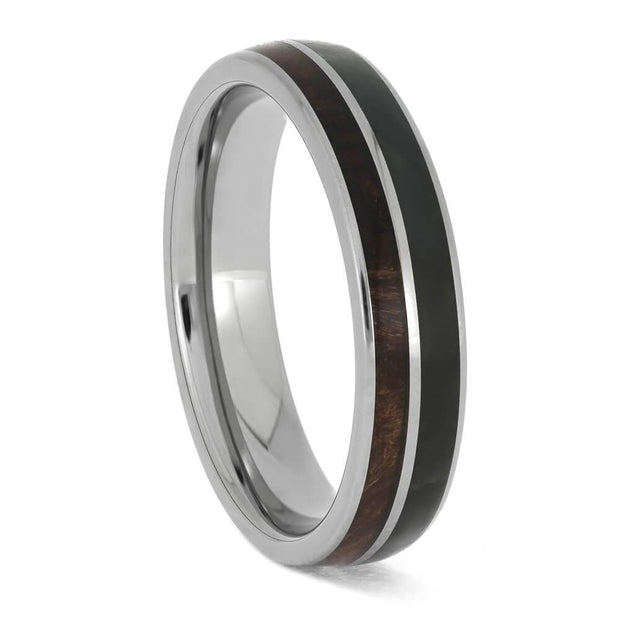 Jade and Redwood Ring in Titanium Band featuring a polished silver finish with dual inlays of deep green jade and rich redwood, ideal for men's wedding bands.