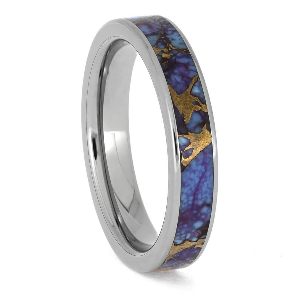 Purple turquoise titanium wedding band with bronze veining