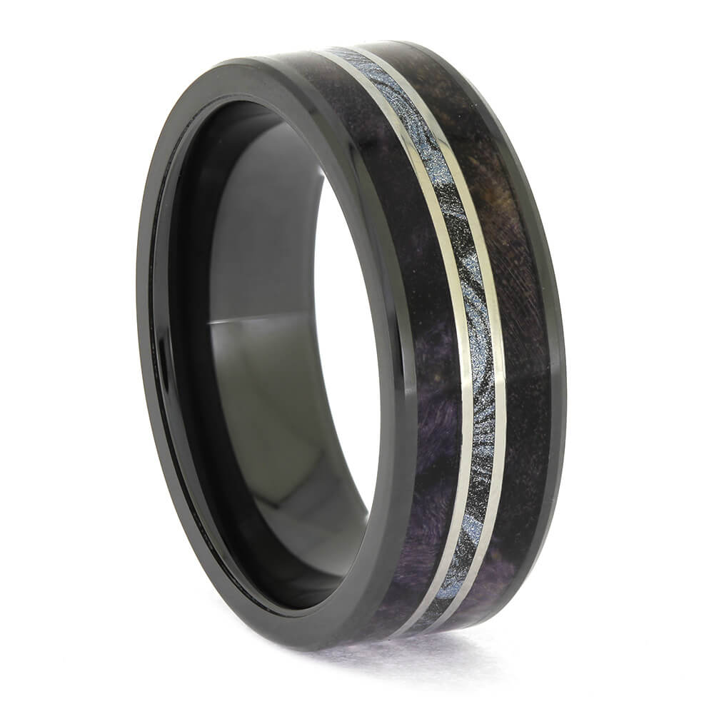 Unique Black Ceramic Wedding Band with Wood