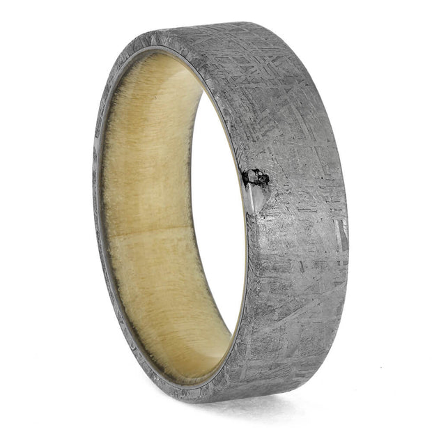 7mm meteorite wedding band with flat profile and hidden Aspen wood sleeve, featuring Gibeon meteorite texture. Size 10, ready to ship.