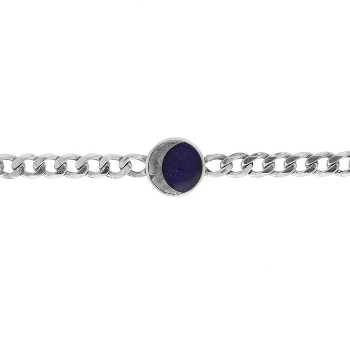 Silver chain bracelet with a blue circular charm on a white background