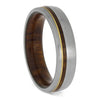 Wood ring with yellow gold accent in titanium featuring a 6mm brushed finish, ironwood sleeve, and round profile for men's wedding bands.