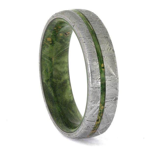 Green Wood Wedding Band with Meteorite