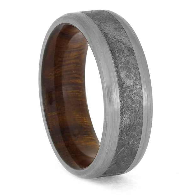 Meteorite Titanium Ring with Wood Sleeve featuring 8mm width, brushed titanium edges, and ironwood interior for a bold, elegant wedding band.