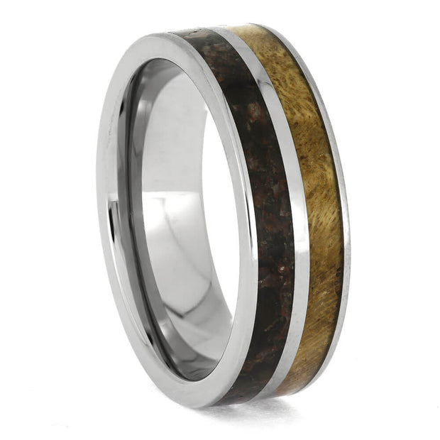 Ring with wooden inlay on a white background