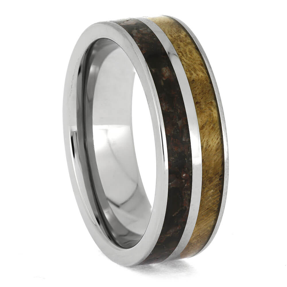 Ring with wooden inlay on a white background