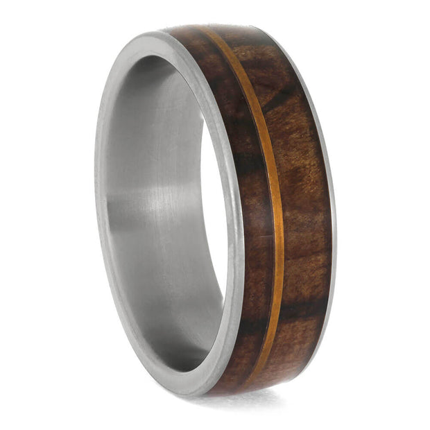 Ring with wooden inlay on a white background