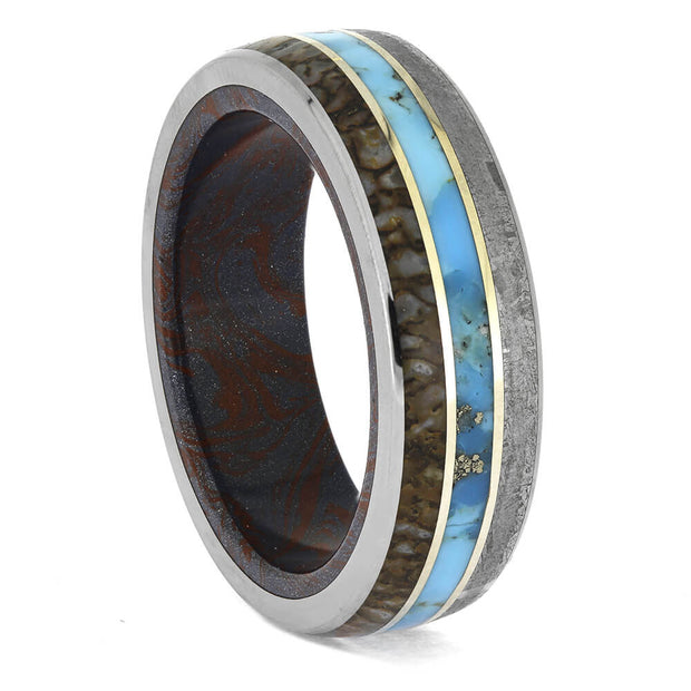 Meteorite, Dinosaur Bone, Turquoise, and Mokume Wedding Band