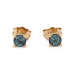 Gold stud earrings with blue gemstones on a white background