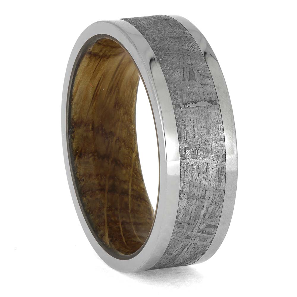 Troilite-Free Meteorite Ring with Whiskey Barrel Wood Sleeve