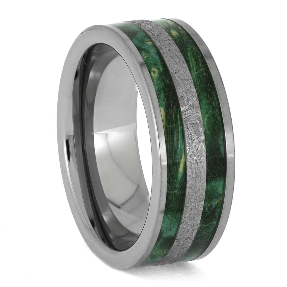 Green Box Elder Wood and Meteorite Wedding Band