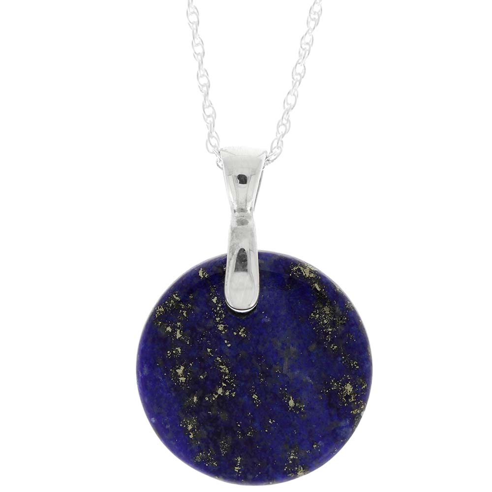 Lapis lazuli pendant on a silver chain against a white background