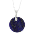 Lapis lazuli pendant on a silver chain against a white background