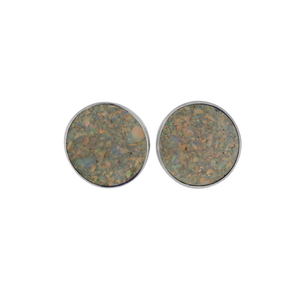 Pair of white opal stud earrings featuring multicolor flecks in sterling silver. Perfect gift idea for October birthdays or gemstone lovers.