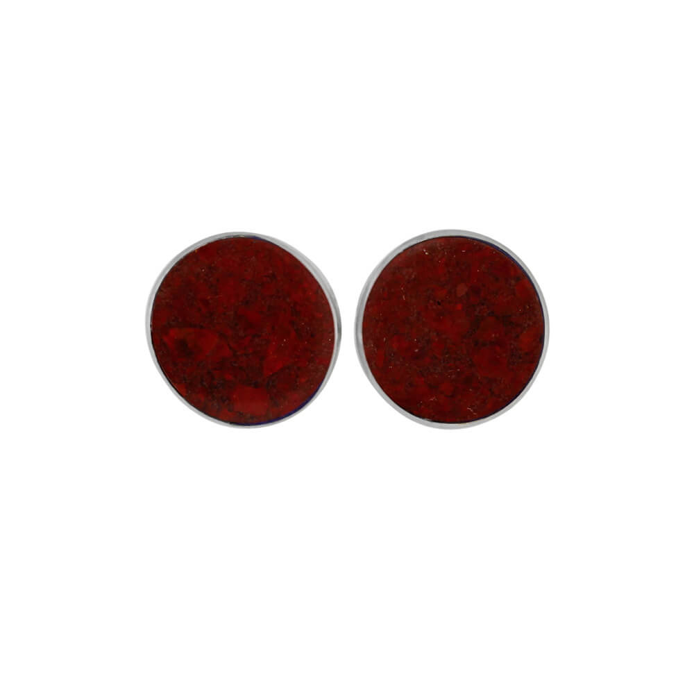 Pair of red opal stud earrings with deep crimson synthetic opal inlays. Stylish and colorful accessory for everyday wear.