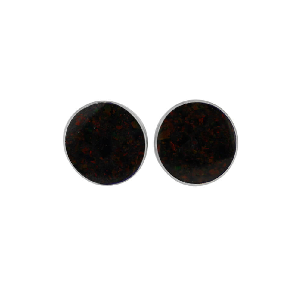 Pair of black opal stud earrings with deep, multicolor flecks in sterling silver. Unique and stylish gift under $250.