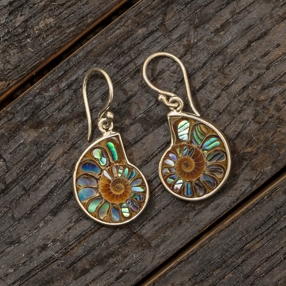 Ammonite Earrings with Abalone Shell Inlays