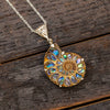 Flashy kaleidoscopic abalone ammonite necklace on wood