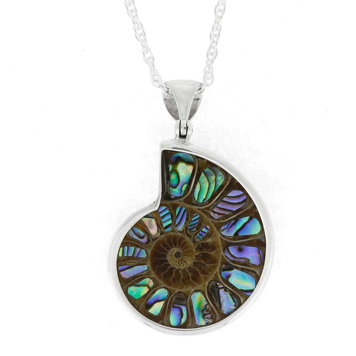 Ammonite fossil pendant with colorful inlay on a white background