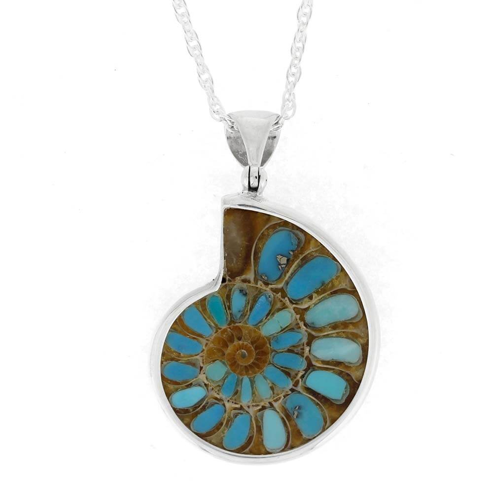 Necklace with a pendant featuring a blue and brown design on a white background