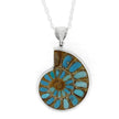 Necklace with a pendant featuring a blue and brown design on a white background
