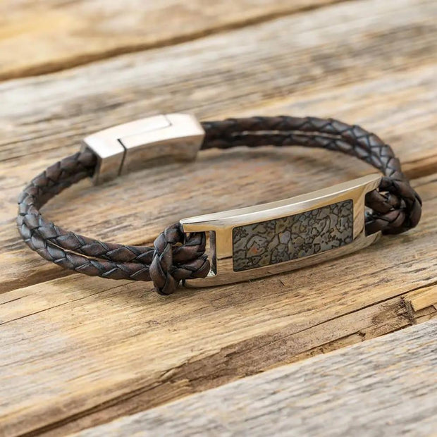 Dinosaur Bone Bracelet with Brown Leather Strap
