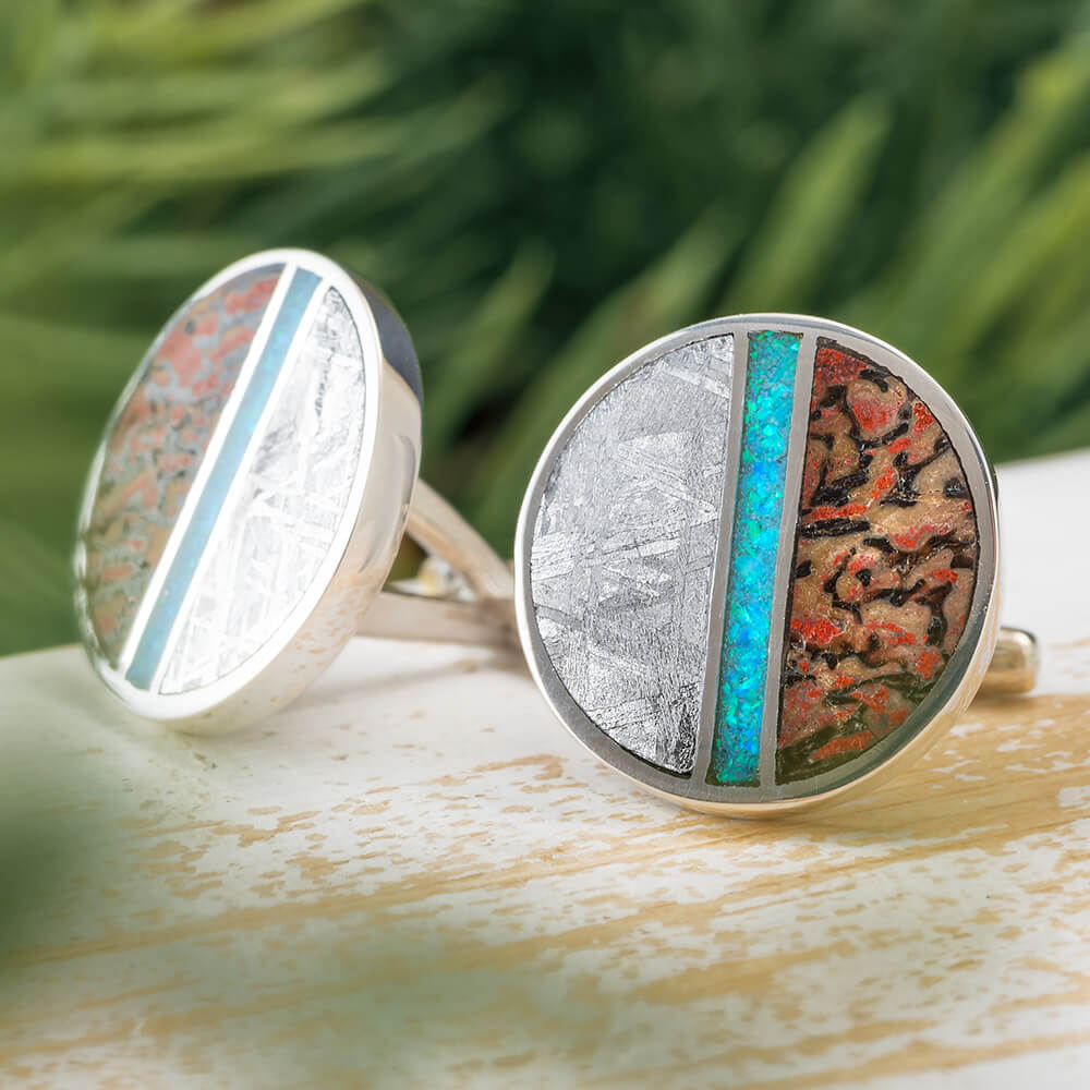 Dinosaur Bone & Meteorite Cuff Links with Opal