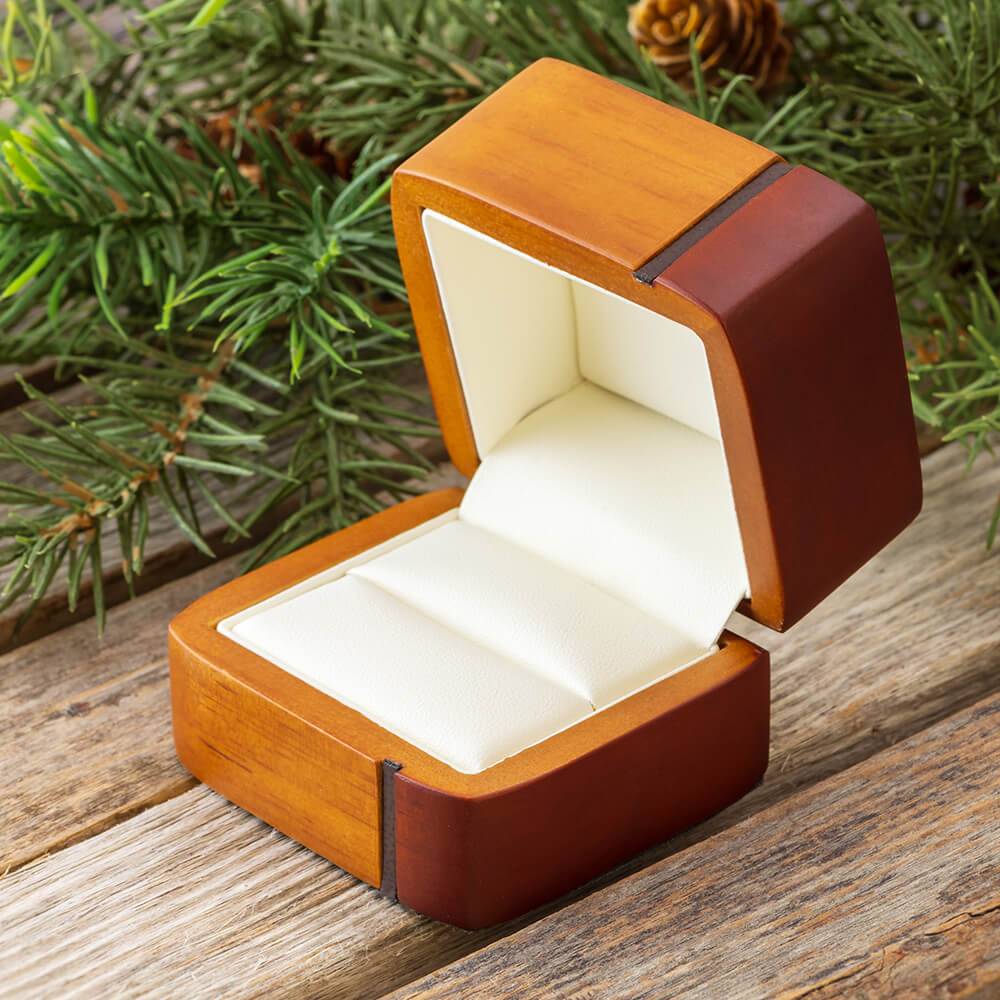 Open premium wood ring box with cream interior