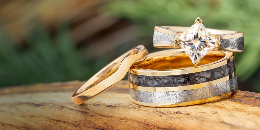 Jewelry by Johan | Meteorite and Dinosaur Bone Wedding Rings