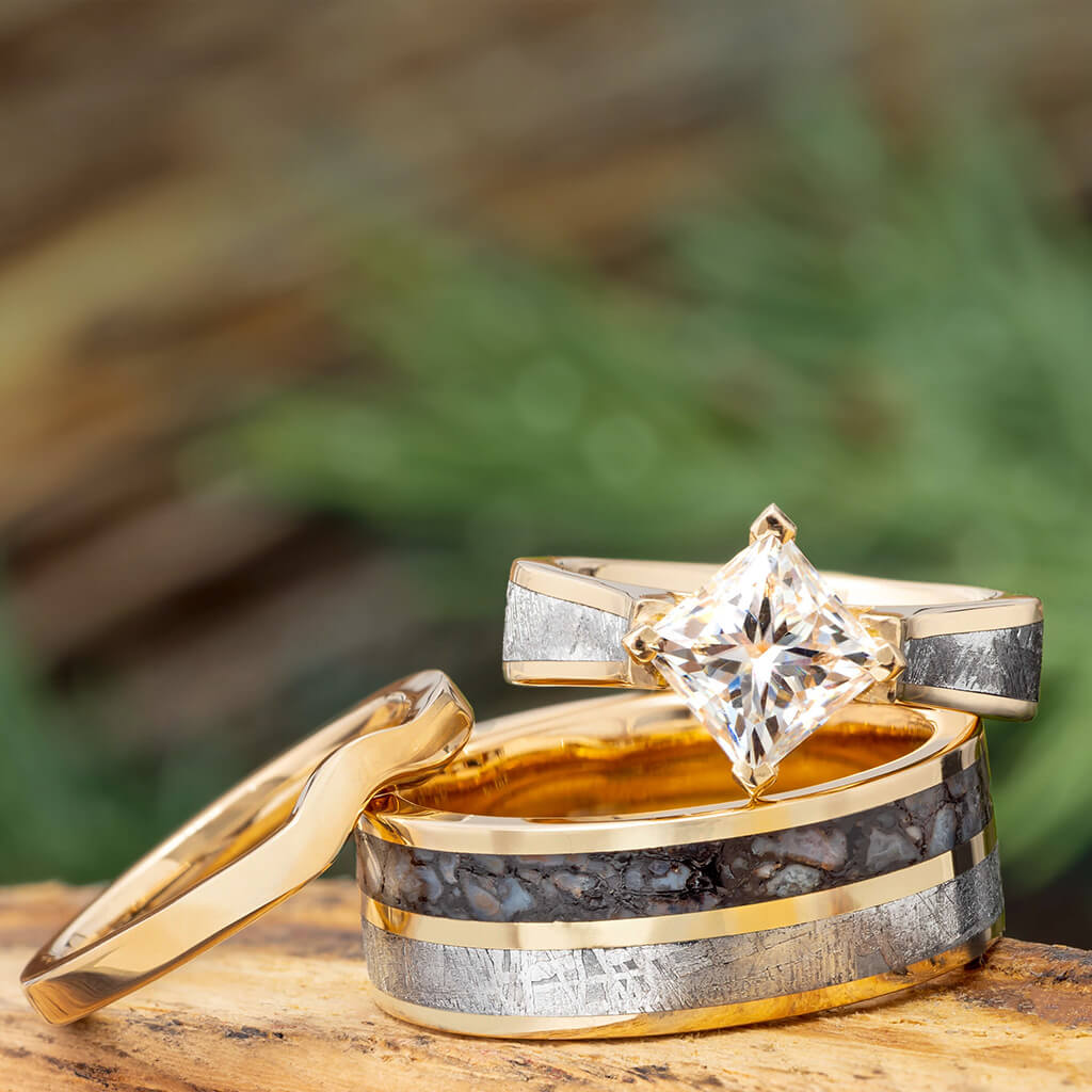 Jewelry by Johan | Meteorite and Dinosaur Bone Wedding Rings