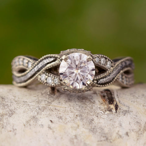 Twisted Moissanite Engagement Ring in 14k White Gold with Meteorite and Diamond Accents