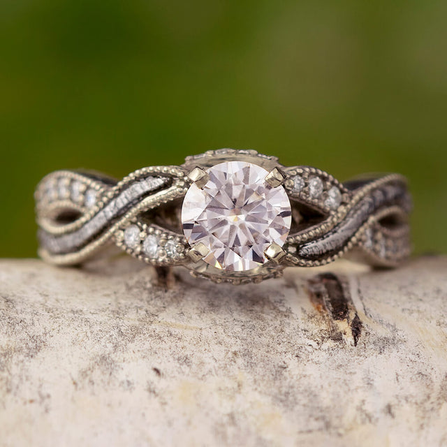 Twisted Moissanite Engagement Ring in 14k White Gold with Meteorite and Diamond Accents