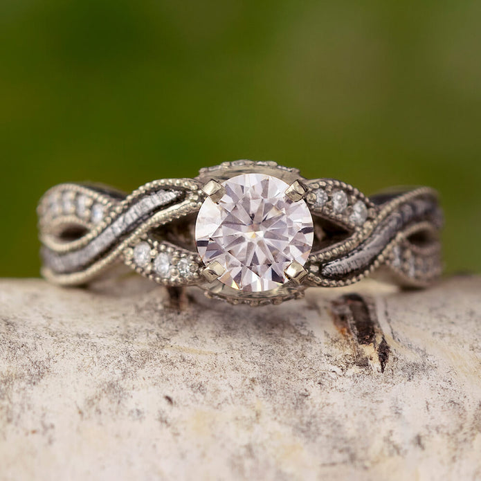 Twisted Moissanite Engagement Ring in 14k White Gold with Meteorite and Diamond Accents