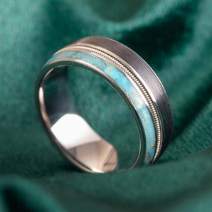 Guitar String and Vinyl Wedding Band in Titanium with Turquoise Inlay