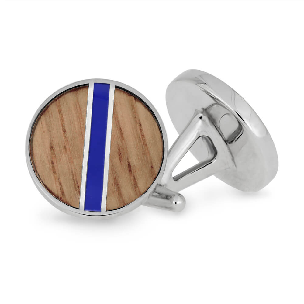 Baseball Bat Cuff Links with blue enamel stripe and game-used wood in a silver-tone setting, ideal for sports fans.