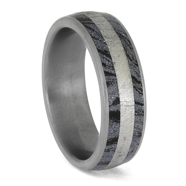Mokume Meteorite Titanium Ring with brushed finish and Gibeon meteorite inlay, 6mm wide. Unique men's wedding band in stock, size 8.25.
